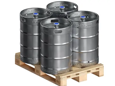 Metal kegs iron barrels on wooden pallets 3D model