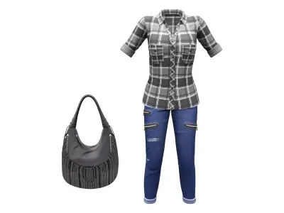 Checkered Shirt Denims Handbag Casual Outfit Low-poly 3D model