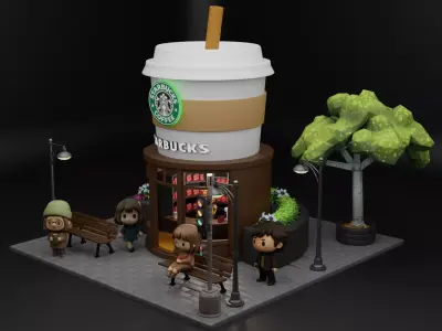 Starbucks  Miniature Coffee Shop Diorama Scene Low-poly 3D model