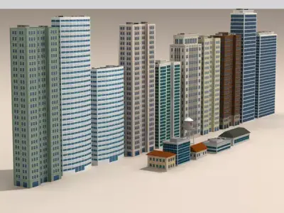 Low poly buildings collection tall in city 3D model