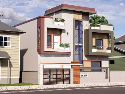 Duplex Modern Home Exterior Elevation Design 3D model