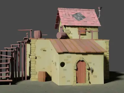 Low Poly House on field Low-poly 3D model