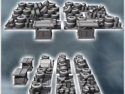 Set of tire barricades with crates and two sheltered shacks 1 -  3D print model