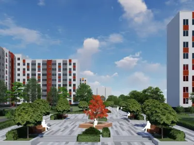 3D model of the urban environment with houses and a square  3D model