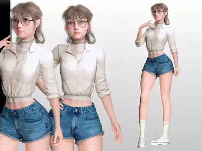 Stylized Female Character Cartoon  with Glasses Low-poly 3D model