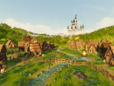 Medieval Village Environment Scene around Forest 3D model