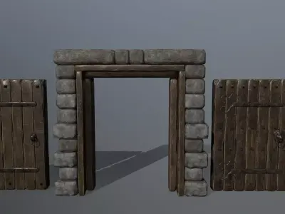 door set two wooden doors on stone wall Low-poly 3D model
