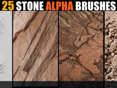 25 Real Stone Alpha Brushes - Blender Alpha Brush - Zbrush Alpha 3D model