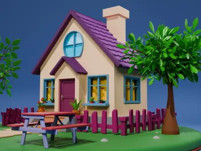 Stylized Isometric House with Garden Low-poly 3D model
