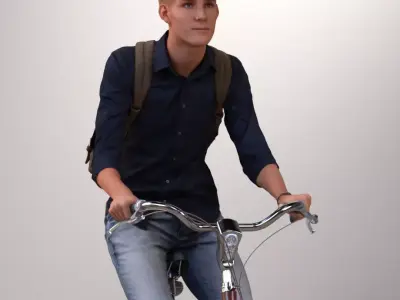 Pre-posed man on a bicycle with realistic hair 3D model