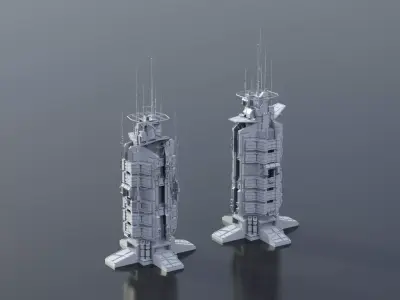 Scifi buildings radiocenter skyscraper Low-poly 3D model