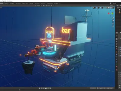 Low poly pitstop neon-lit building in ocean Low-poly 3D model