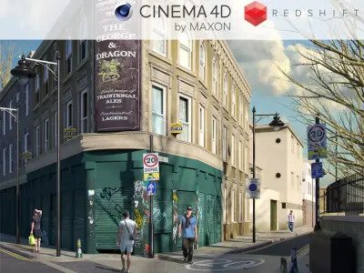 Redshift - C4D Scene files - Old London Pub Exterior 3D model