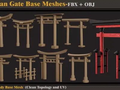 15 Asian Gate Base Meshes- FBX -OBJ  3D model