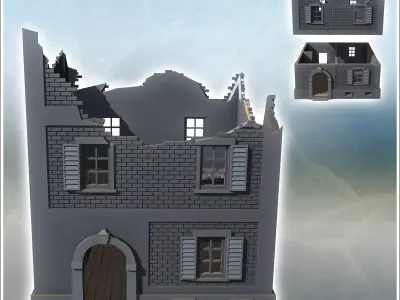 Square brick building with shuttered windows and two floors ruin 3D print model