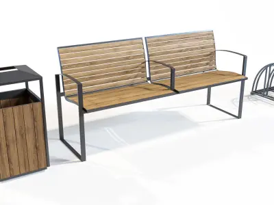 Set of benches with urns and bicycle parking 3D model