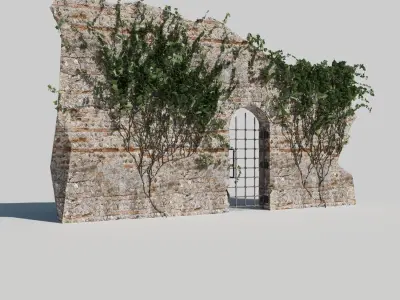 Rustic Stone Facade with Aged Metal Door and Foliage 3D model