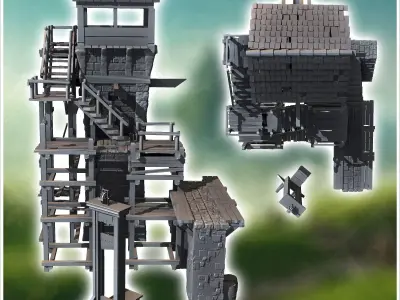 Medieval stone tower and wooden staircase and guillotine 14 - Me 3D print model