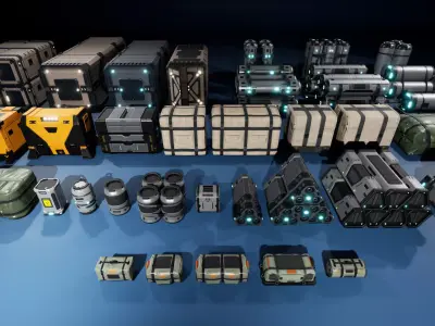 SciFi Hangar Containers and Props Low-poly 3D model