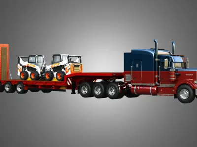 57P Heavy Duty Tri Axle Semi Truck with S76 Skid Steer  3 in 1  3D Model Pack