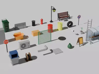 28 Low Poly Urban Street Props Pack - Game Ready 3D Assets Low-poly 3D model