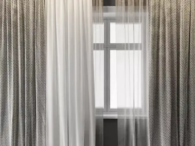 Curtains 1 wooden door 3D model