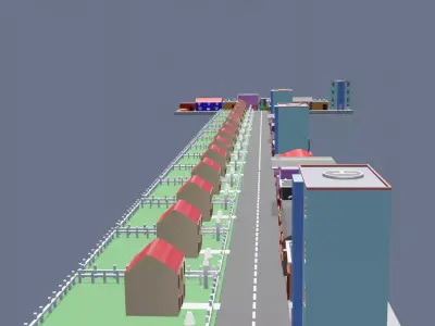 City low poly street with houses and buildings Low-poly 3D model