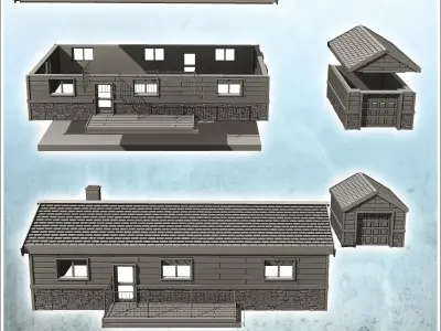 Modern house set with terrace and garden shed 2 - Modern WW2 WW1 3D print model