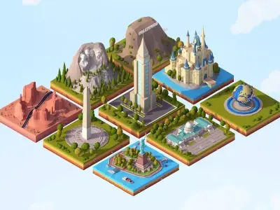 Cartoon Low Poly USA Landmarks Pack Low-poly 3D model
