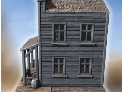 Two-story wooden bar with porch wagon wheel barrel and tiled roo 3D print model