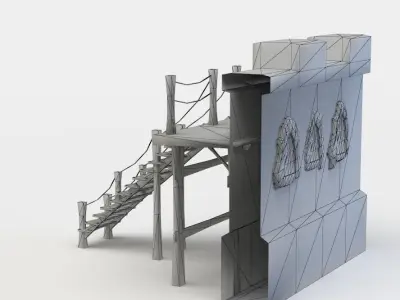 Masonry wall with wooden stairs Low-poly 3D model