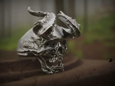 Realistic Ring Demon Skull with Horns 3D print model
