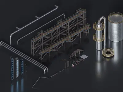 Oil Facility Modular Package - Low Poly - On one Trimsheet Low-poly 3D model