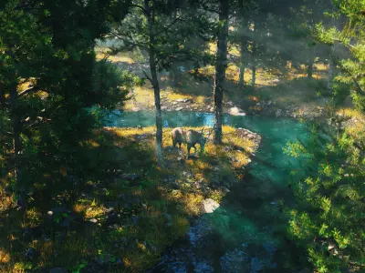  C4D Octane render Forest early morning tropical rainforest River elk scene 