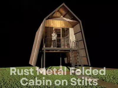 Rust Metal Folded Cabin on Stilts Applied Vernacular Modern Low-poly 3D model