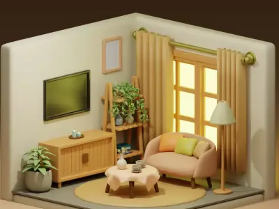 Interior-building cute living room isometric  Free 3D model