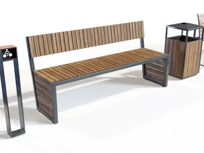 Set of benches with urns and bicycle parking 3D model