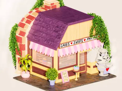 Cake Shop Store Plants Cat Environment Street  3D model