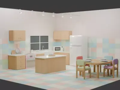 3D Modern Kitchen Interior Dining Table Appliances Cabinets 3D model