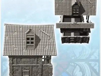 Medieval house with tiled roof and large staircase and canopy 6  3D print model