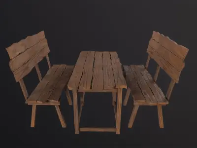 Wooden Table With Bench 3D Model Low-poly 3D model