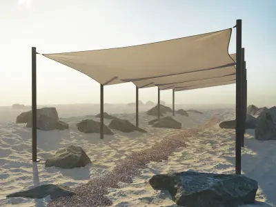 Shade Canopys N1 and N2 vs rocks and sand and rotang tables 3D Model Pack