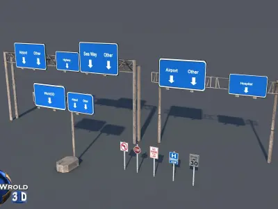lowpoly highway sign billboard collection pack 3d model Low-poly 3D model