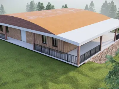 Double story building structure with outdoor water pond Exterior 3D model