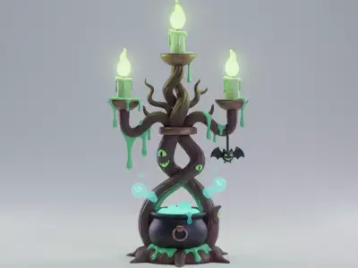 Halloween Candelabra 3D Magical Glowing Candles Cauldron Low-poly 3D model