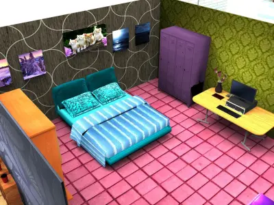 3d low poly houses with interior game ready  Low-poly 3D model