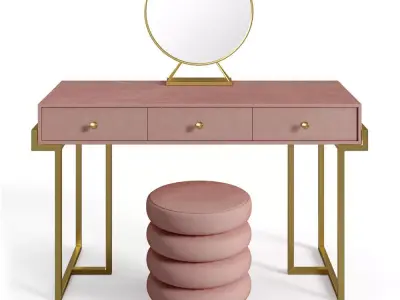 Pink Velvet Upholstered Makeup Vanity Table with Ottoman 3D model