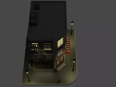 New York Styled Brownstone Corner Cafe Low-poly 3D model