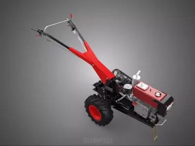 RED DIESEL ENGINE HAND WALKING TRACTOR POWER TILLER MACHINE FARM 3D model