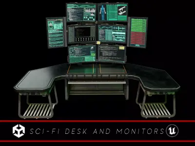 Sci-Fi Desk And Monitors - Hacker Scene Low-poly 3D model